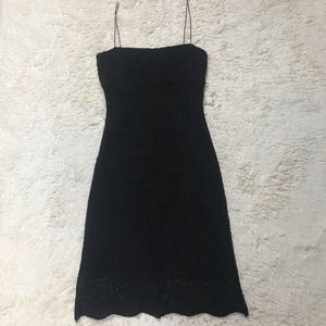 Elie Tahari Beautiful Black Spaghetti Strap Textured Lace Overlay Midi Dress 2